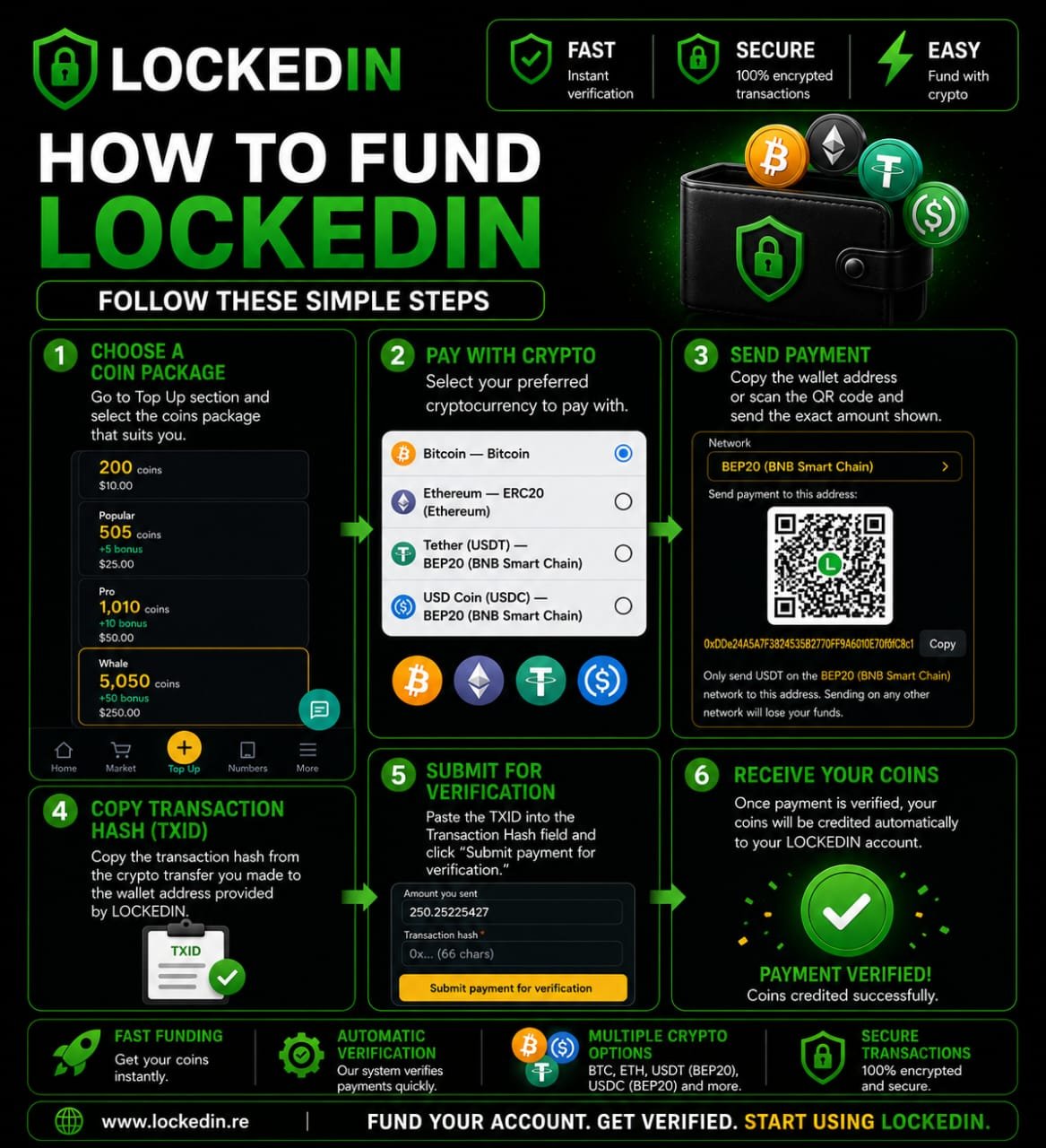 How to fund your LockedIn wallet with crypto — step by step